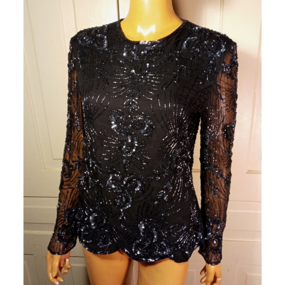 Vintage beaded silk sequined trophy top Sténay S M - Picture 8 of 10